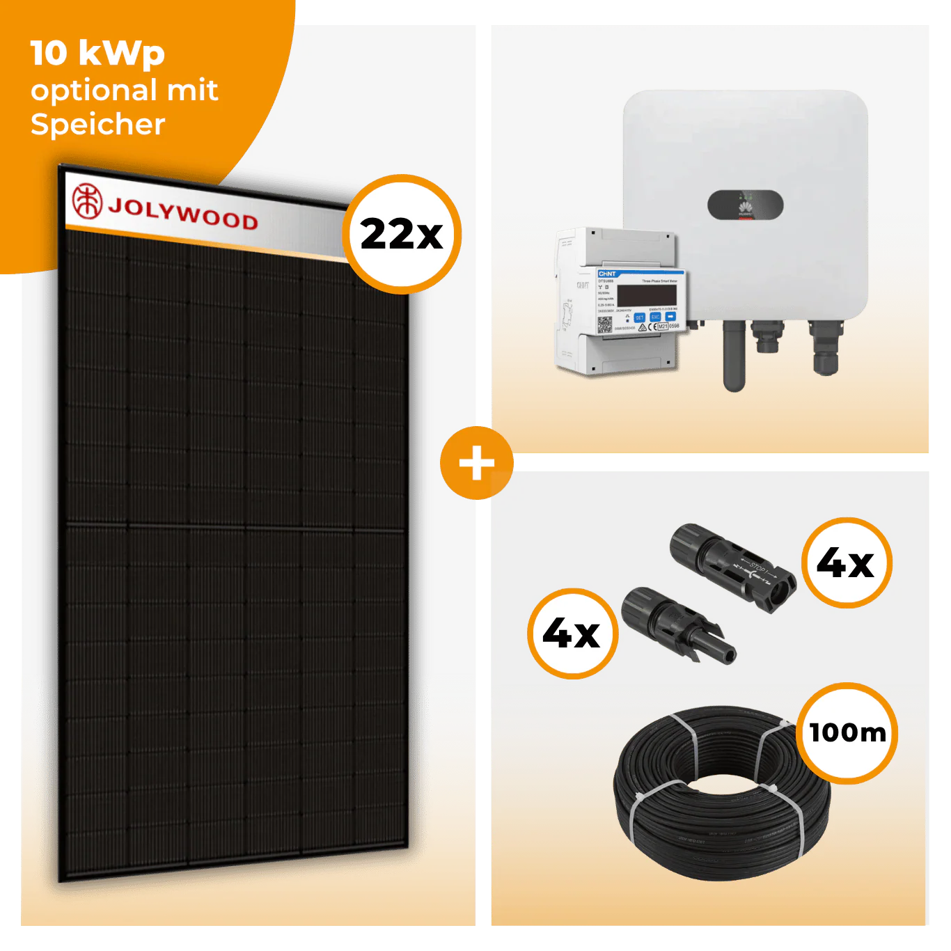 PV Komplettset 10 kWp – 22 x Jolywood 455 Full Black & Huawei SUN2000 MAP0 opt. Huawei LUNA2000 Speicher