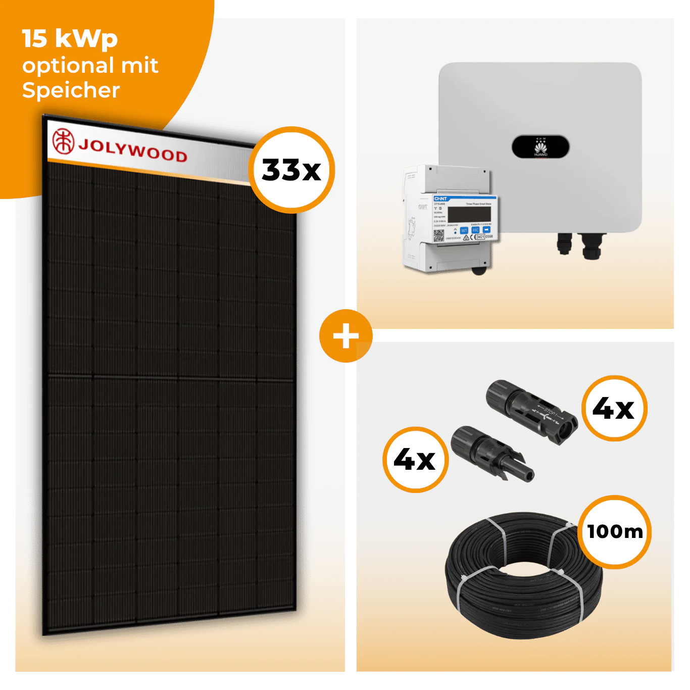 PV Komplettset 15 kWp – 33 x Jolywood 455 Full Black & Huawei SUN2000 MAP0 opt. Huawei LUNA2000 Speicher