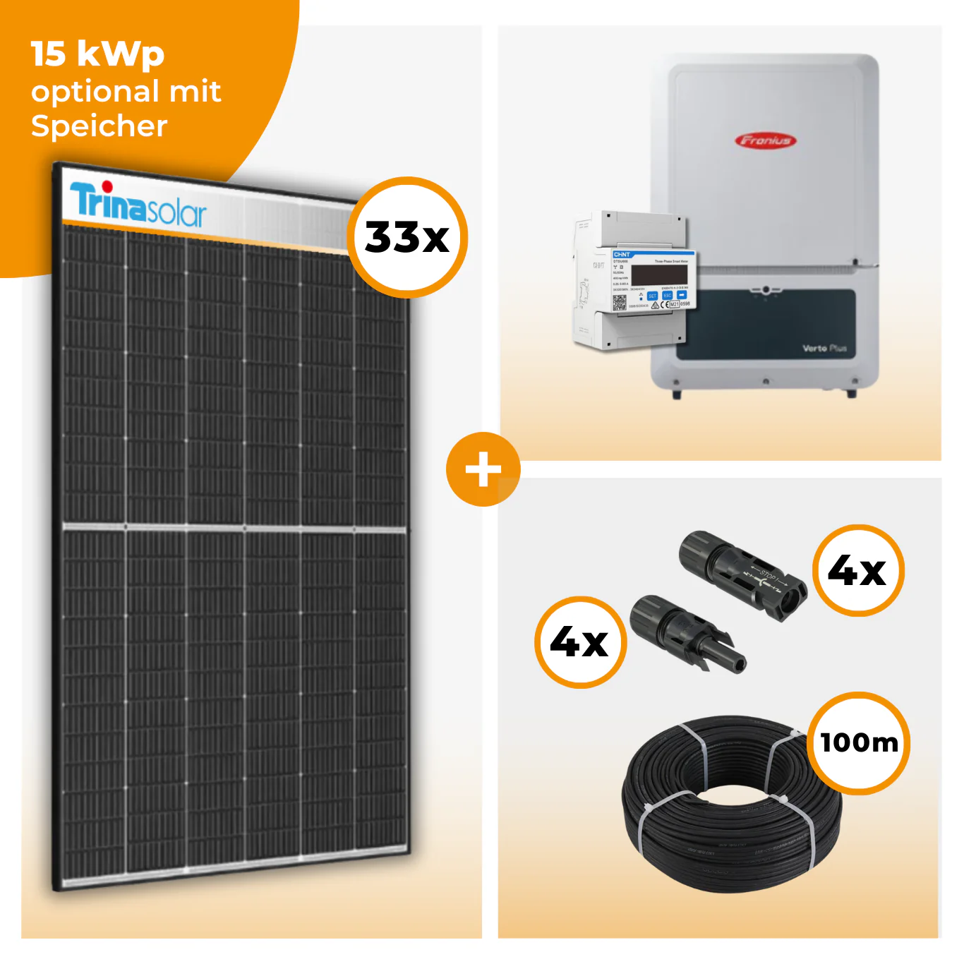 PV Komplettset 15 kWp – 33 x Trina 465 Black Frame & Fronius Verto Plus 15.0 opt. BYD HVM Speichereinheit