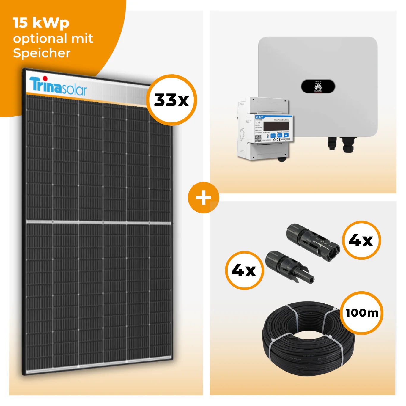 PV Komplettset 15 kWp – 33 x Trina 465 Black Frame & Huawei SUN2000 MAP0 opt. Huawei LUNA2000 Speicher
