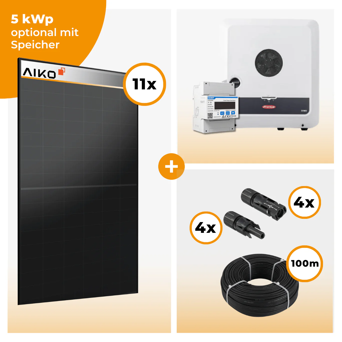 PV Komplettset 5 kWp – 11 x Aiko 470 Neostar 3S+ & Fronius Symo GEN24 Plus opt. BYD HVM Speichereinheit