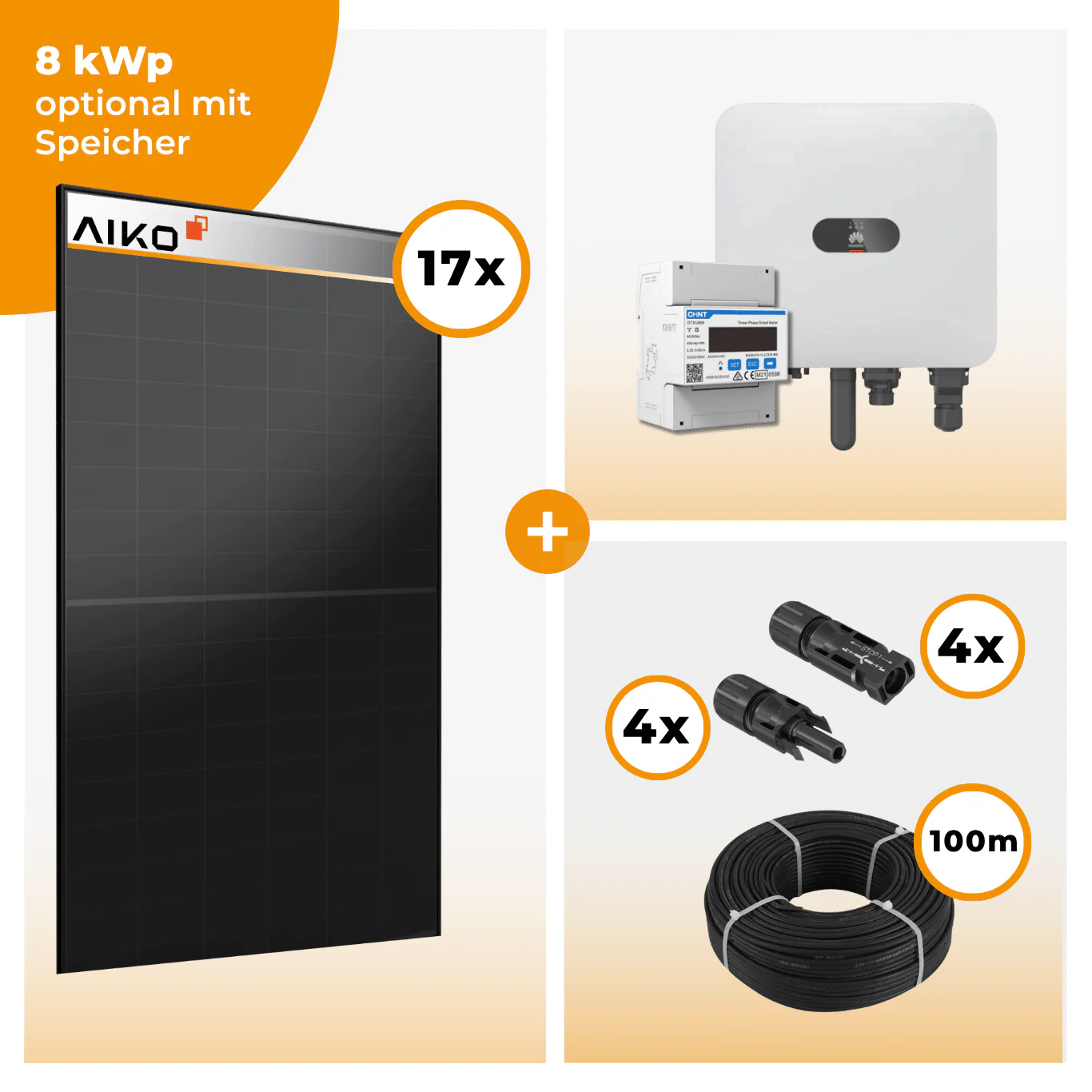 PV Komplettset 8 kWp – 17 x Aiko 470 Neostar 3S+ & Huawei SUN2000 MAP0 opt. Huawei LUNA2000 Speicher